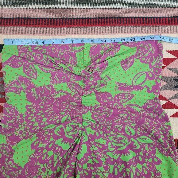 Title Nine A-line Skirt Sz L Floral Green Purple Ruched Waist Front Slit Stretch - Picture 4 of 5